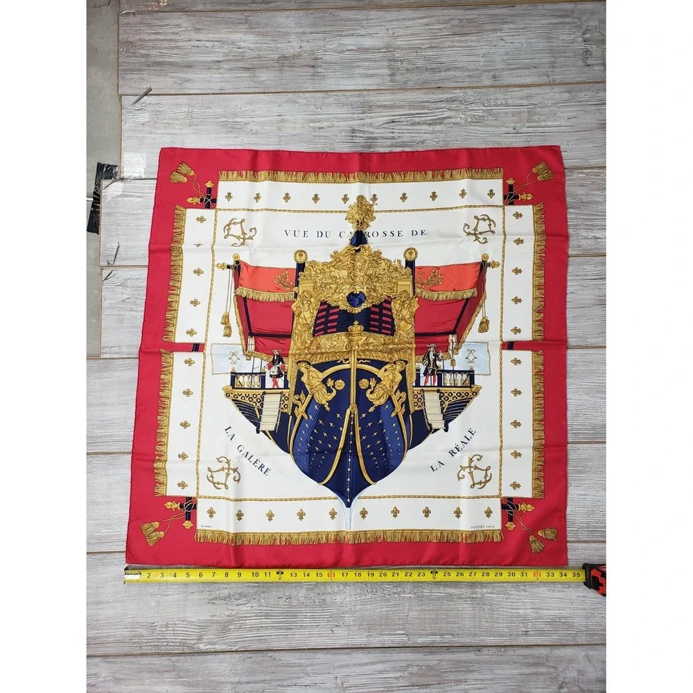 Hermès Vue du Carrosse de La Réale Silk Scarf 35x35 Red Navy Gold White